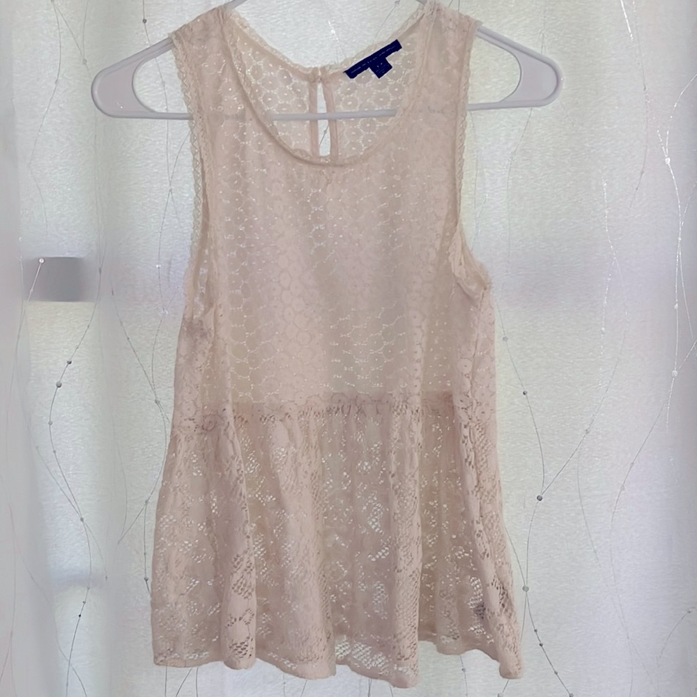 EUC AEO | cream sheer lace tank top with gathered, flare waist